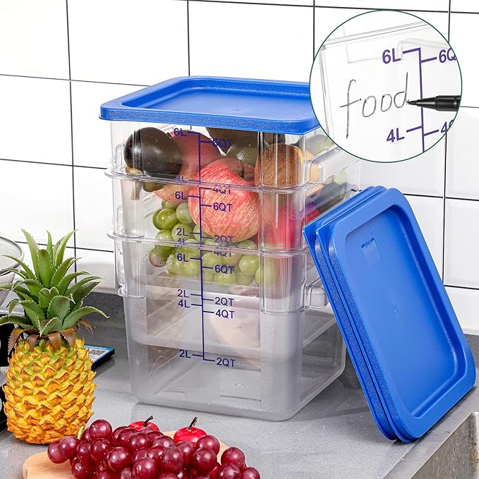 3 Sets 6 Qt Square Food Storage Containers with Lids Dough Proofing Bucket Commercial Polycarbonate Containers with Scale Clear Airtight Cereal for Pantry Home Restaurant (Blue)