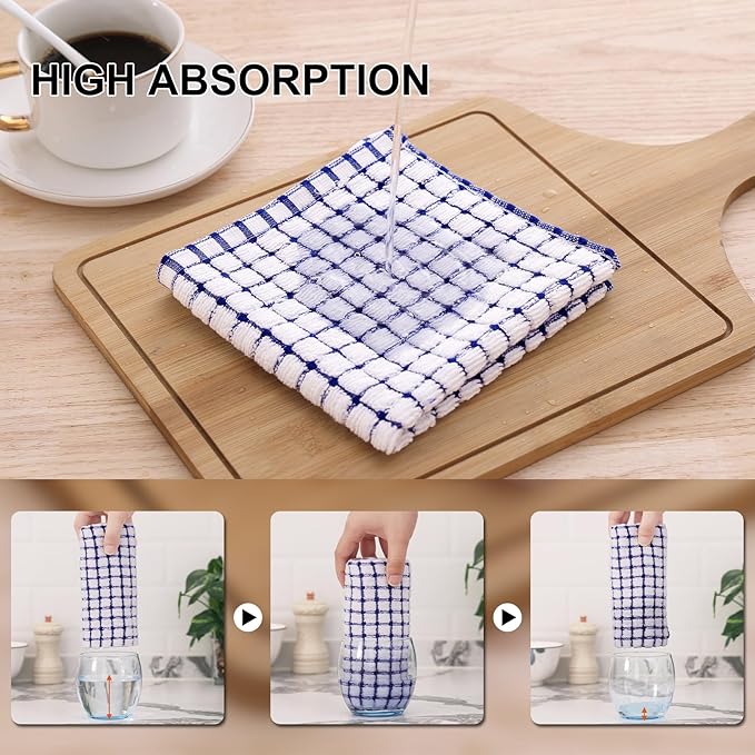 Kitinjoy Cotton 12 Pack Terry Kitchen Dish Cloths, 12 x 12 Inches Super Soft and Absorbent Dish Rags, Quick Drying Dish Towels for Washing Dishes, Blue