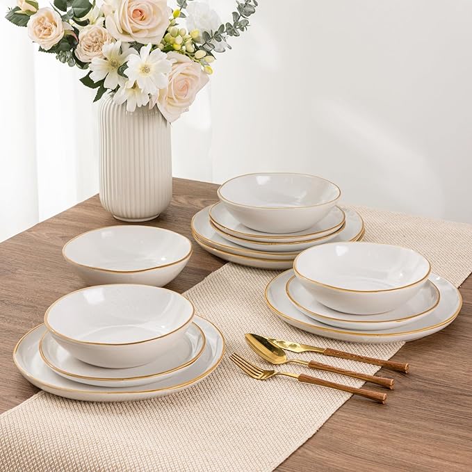 AmorArc Ceramic Dinnerware Sets,Handmade Reactive Glaze Stoneware Plates and Bowls Set,Highly Chip and Crack Resistant Dishware | Dishwasher & Microwave Safe Dishes Set,Service for 4(12Pcs)