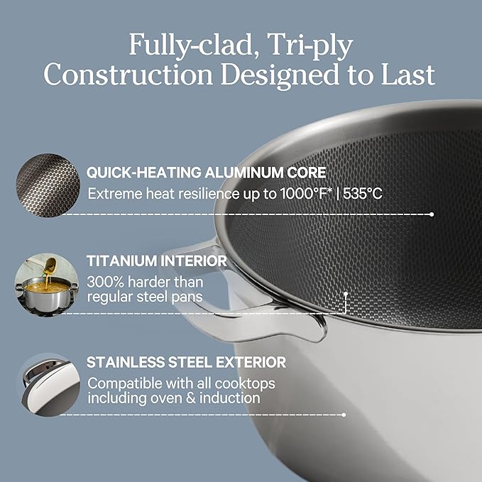 Our Place Titanium Perfect Pot Pro | 6.75 Qt Stock Pot with Lid & Silicone Spoon | PFAS-Free Nonstick, Fully-Clad Tri-Ply Stainless Steel & Aluminum | Induction & Oven-Safe up to 1000°F | Chrome