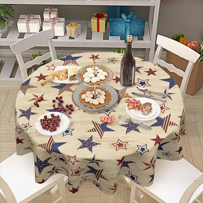 4th of July Round Tablecloth 60 Inch Patriotic Vintage Red and Blue Star Memorial Day Polyester Table Cloth Independence Day Table Cover for Kitchen Dinner Home Decor