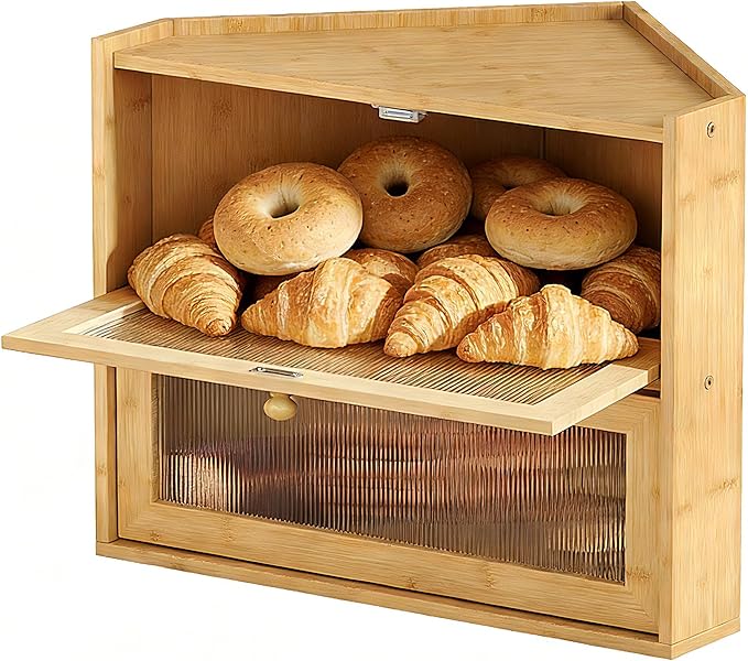 2 Tier Bread Box,Natural Bamboo Two Tier Bread Box with View Window, Handmade Sandwich Bread Keeper for Kitchen Countertop, Space Saving Storage Cabinet for Home Bakery in Corner Design