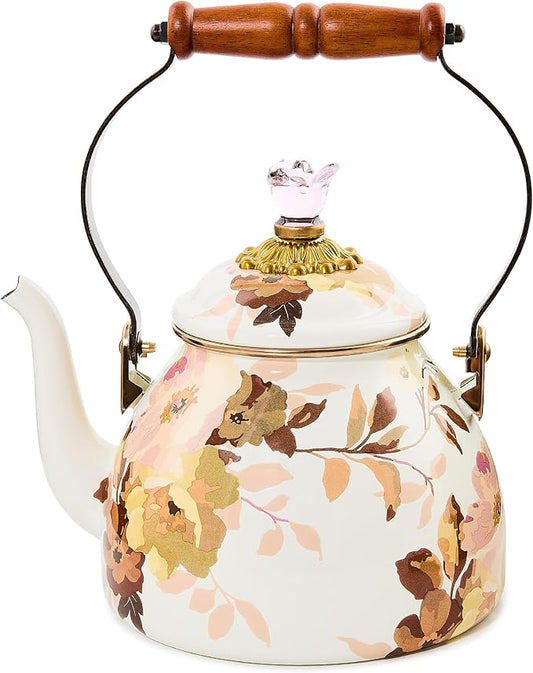 MACKENZIE-CHILDS Enamel Tea Kettle, Cute Tea Kettle for Stovetop, 2 Quarts, Wild Rose White