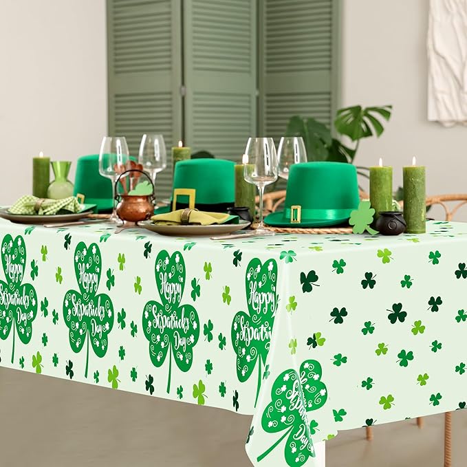 QZYL 2 Pcs St Patricks Day Decorations, 108" X 54" Shamrock Decorations, Plastic Happy St. Patrick's Day Tablecloth, Shamrock Tablecovers, Disposable Rectangle Irish Green Table Cloth for Lucky Party