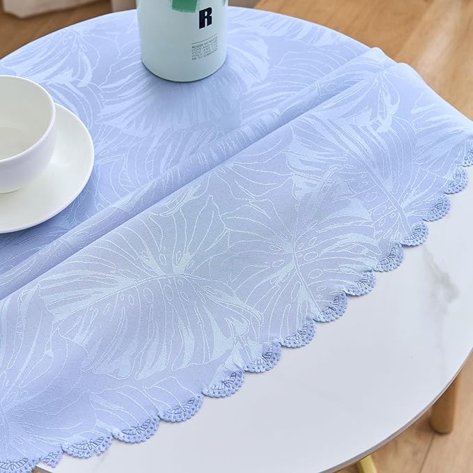Round Tablecloth 80 Inch Fabric Table cloth Leaves Pattern Scalloped Edge Silky Soft Tablecloth Waterproof Wrinkle Resistant Washable Table Cover Dinning Party Banquet Decoration (Purple)