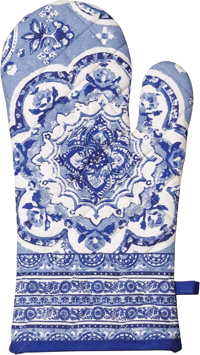 Maison d' Hermine Oven Gloves 100% Cotton Oven Mitt 7" x 13" with Loop Heat Resistant, BBQ, Cooking Gloves, Baking, Grilling, Kitchen, Handling Hot Pans Spring/Summer (Pack of 1, Melodie Bleue)