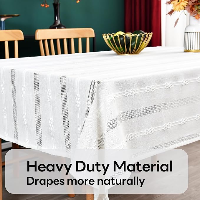 White Cotton Rectangle Tablecloth (52''x52'', 4 Seats) - Heavy Duty, Farmhouse Vintage, Washable