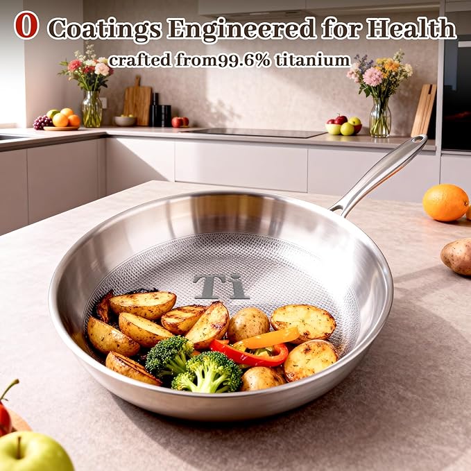 9.45 Inch Titanium Pan,99.6% Titanium Frying Pan for Cooking Healthy Non-Toxic Cookware with Lid Plateful Pan for Even Heating, Induction Compatible, Oven & Broiler Safe