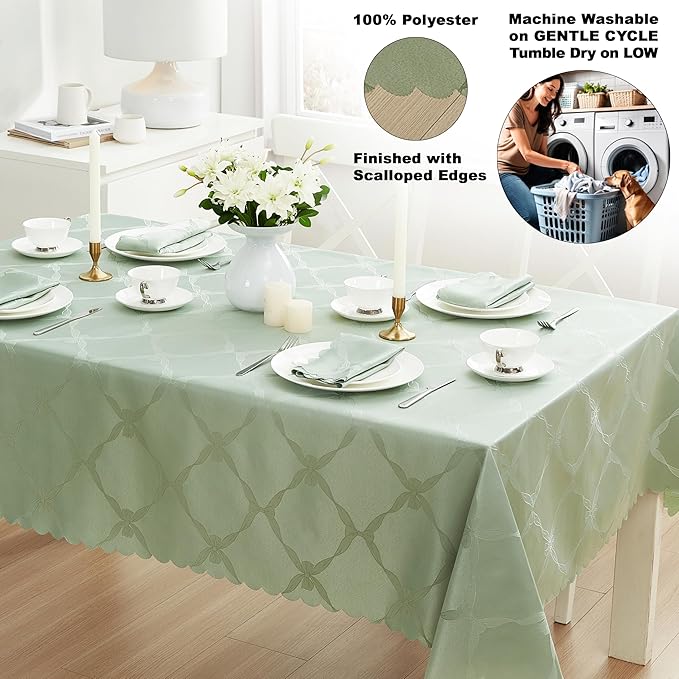 Newbridge Ribbons and Bows Damask Spring & Easter Holiday Fabric Tablecloth, Sage Green, 60 x 144 Inch Rectangle, Wrinkle & Stain Resistant Table Cover