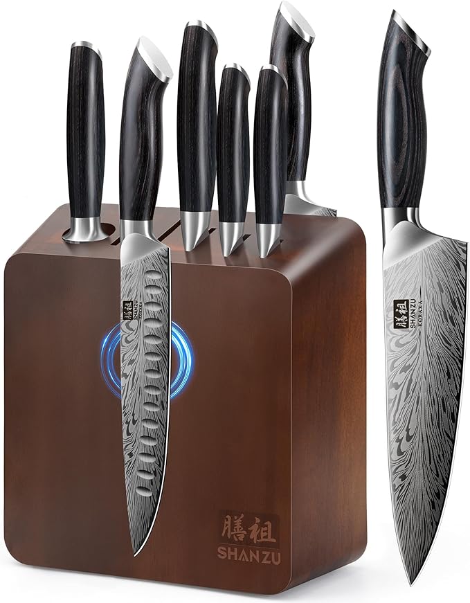 SHAN ZU Kitchen Knife Set with Double Sided Magnetic Knife Block, 7PCS Knives Block Sets in Powder Steel Ultra Sharp Japanese Knife Sets with Sharpening Steel Chef Knives Set with Pakkawood Handle