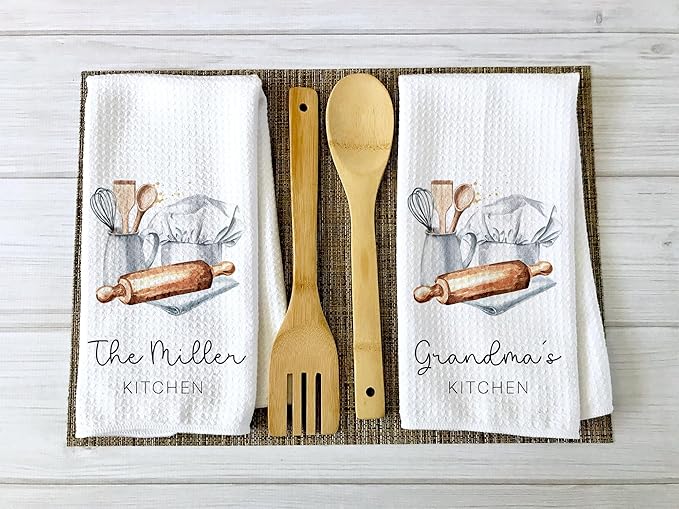 Personalized Kitchen Towel | Custom Tea Towel | Watercolor Utensil Dish Towel | Kitchen Decor | Hand Towel Gift Set | Waffle Weave Dishcloth (Pack of 4 Towels, Design 3)