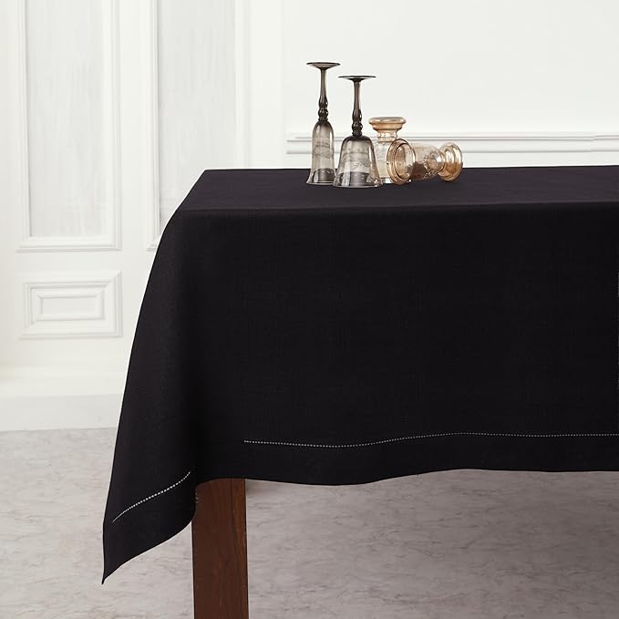 Solino Home Black Linen Tablecloth 60 x 132 Inch - Classic Hemstitch, 100% Pure Linen Rectangular Tablecloth - Machine Washable Table Cloth for Spring, Easter