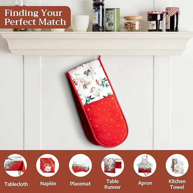 Maison d' Hermine Double Oven Mitt (7" x 35") 100% Cotton Heat Resistant BBQ Cooking Gloves with Loop for Thanksgiving Christmas Decorations Baking Cooking Barbeque Handling Hot Pan (Noel)