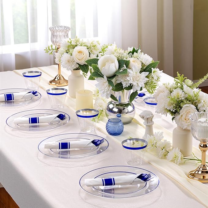 SUT 350 Pcs Blue and Clear Plastic Dinnerware Set for 50 Guests, Include: 50 Dinner Plates, 50 Dessert Plates, 50 Pre Rolled Napkins With Silverware, 50 Cups, Disposable Plates for Party, Wedding