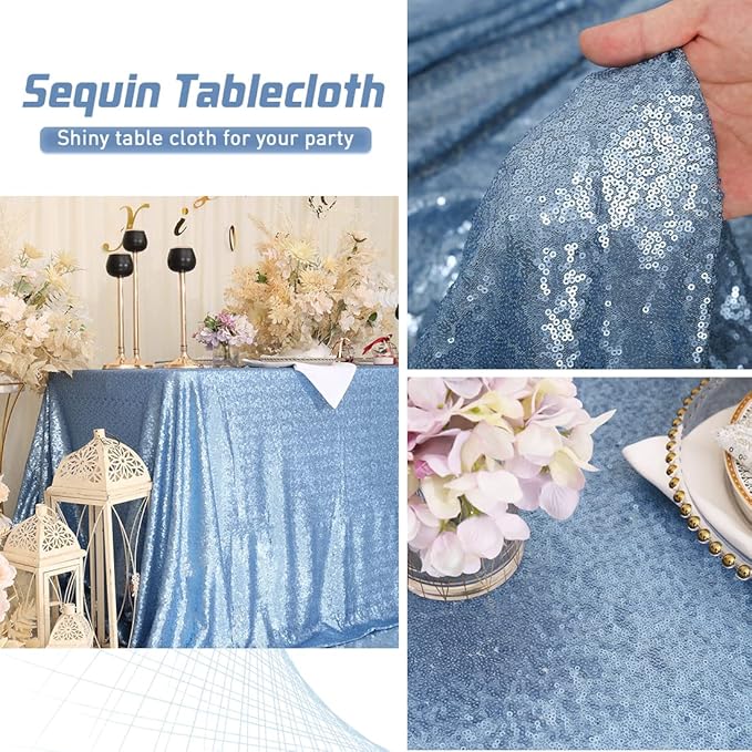 Eternal Beauty Baby Blue Tablecloth, 90x132 Inch Sequin Rectangle Table Cover for Cake Dessert Exhibition Party Birthday Events