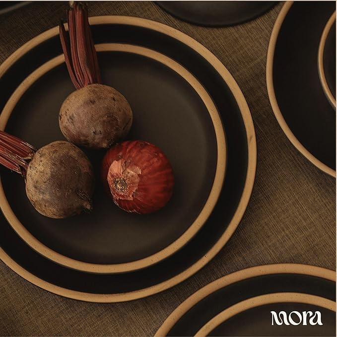 MORA Medium Plates Set of 4, 8.5 inch Ceramic Pottery Salad Plates - Microwave, Oven and Dishwasher Safe - Liquorice