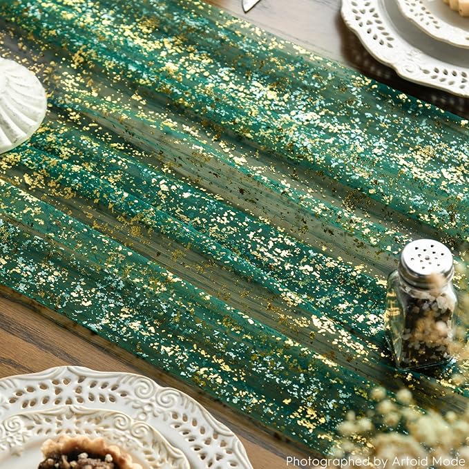 Artoid Mode Green Gold Gauze Table Runner 120 Inch 10Pcs, Glitter Metallic Foil Sheer Dining Wedding Anniversary Holiday Table Decor for Home Party