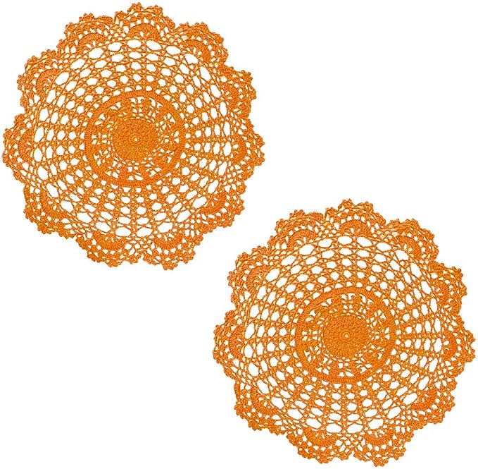 BIBITIME 2PCS Lace Table Doilies Kitchen Placemats Round Handmade Crochet Flower Cup Mug Mat Doily (15 inches to 16 inches,2PCS, Orange)