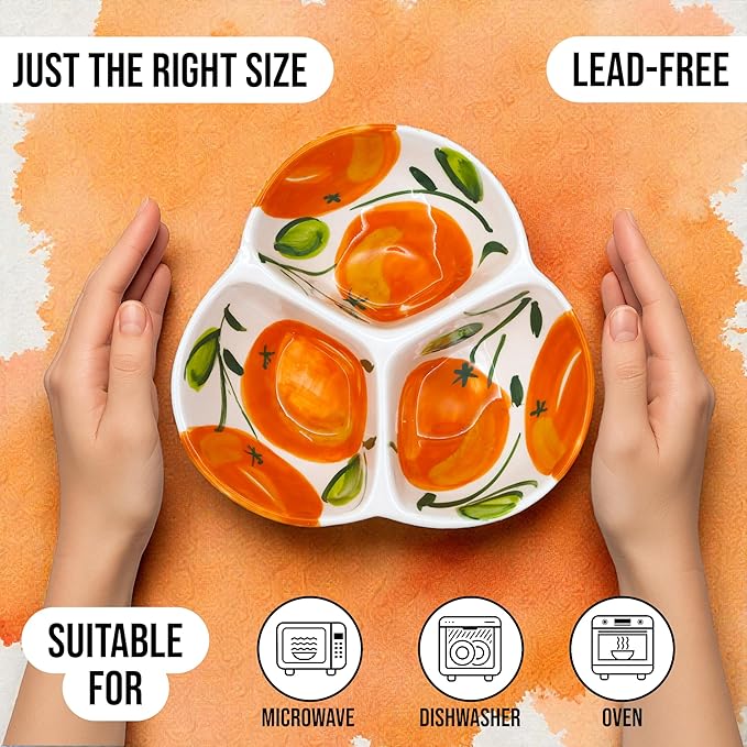 Ceramic Chip & Dip Bowl 7.5”, 3-Compartment Divided Serving Dish & Condiment Tray for Appetizers – Handmade in Spain, Lead-Free Glaze, Microwave, Oven & Dishwasher Safe