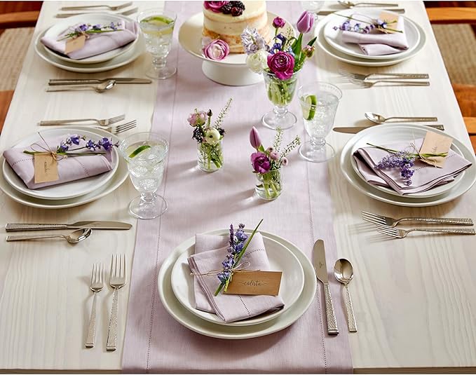 Solino Home Linen Napkins Set of 6 - Classic Hemstitch 100% Pure Linen Lilac Dinner Napkins Cloth 20 x 20 Inch for Valentines, Spring, Easter - Handcrafted and Machine Washable