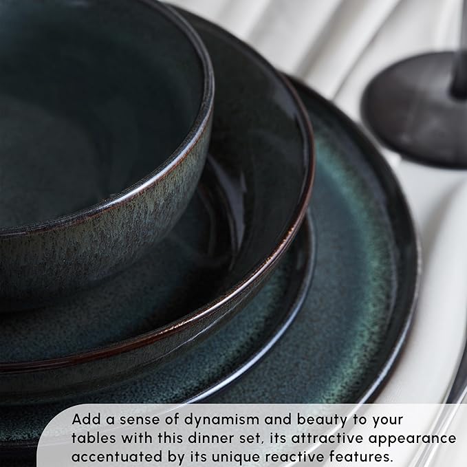 Karaca Fein 24 Piece Reactive Glaze Dinner Set for 6 People, Modern Design with Unique Handcrafted Patterns, Durable Kitchen Plates and Bowls Sets, Stoneware Dinnerware & Dishwasher Safe