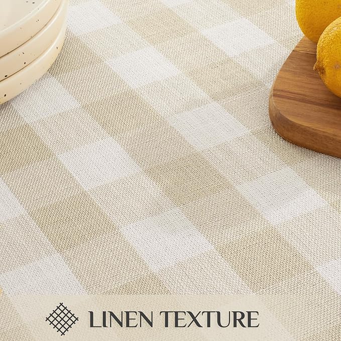 Softalker Checkered Tablecloth Rectangle, Outdoor Linen Cotton Gingham Table Cloth with Tassel, Heavy Duty Wrinkle Free Buffalo Plaid Table Cover for Kitchen Dining Home Party - 55 x 120 Inch, Beige