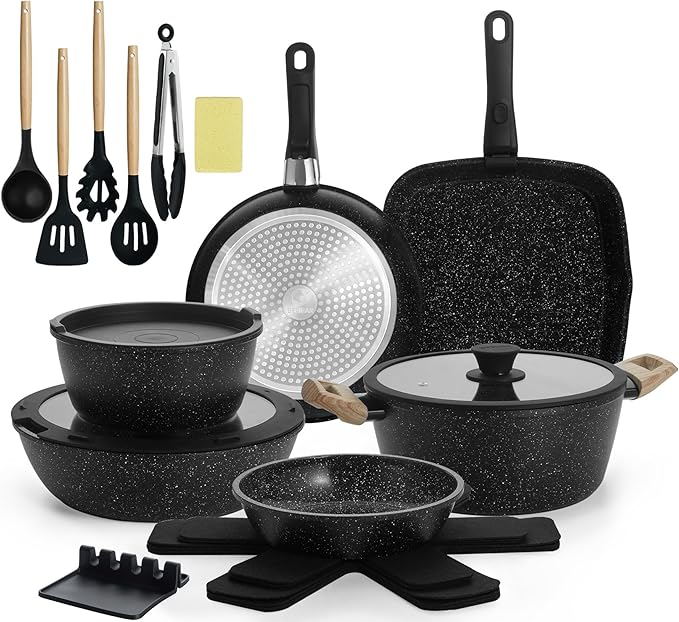 23PCS Ceramic Nonstick Cookware Set, Nonstick Detachable Handle Ceramic Cookware, Induction Kitchen Cooking Set with Removable Handle,include Frying Pans & Saucepans Oven Safe(Black)