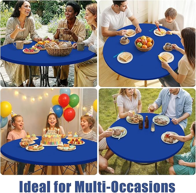 Round Spandex Tablecloth, Elastic Fitted Waterproof Tablecloths for 31"-35" Tables, Stretch Washable Picnic Table Cover for Camping, Dining, Indoor and Outdoor, Blue