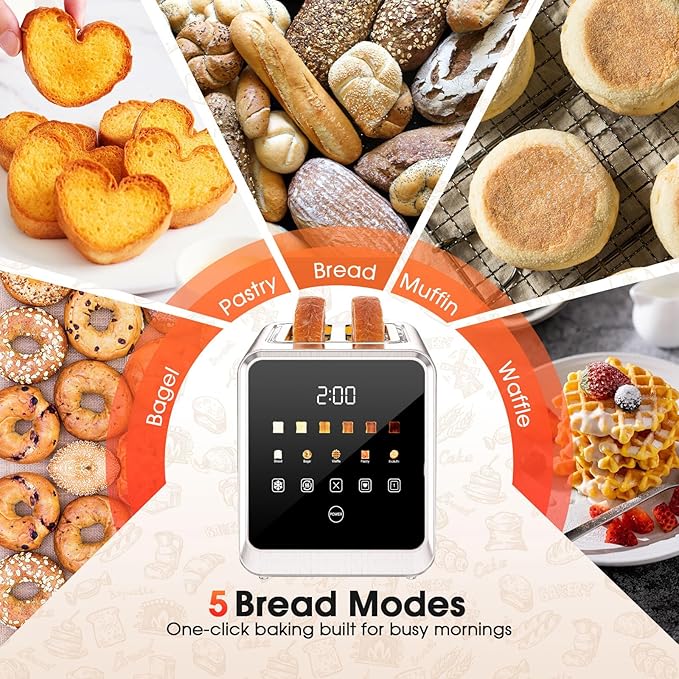 Smart Digital Toaster 2-Slice, Touchscreen with Memory, Extra-Wide 1.5" Slots, 5 Bread Types & 6 Shades, 900W, Defrost/Reheat