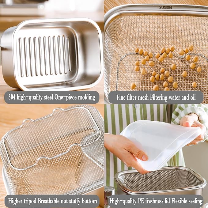 Square Colander Set,304 Stainless Steel with PE Lid,Storage Container,Prep,Tofu Drainer,Shellfish Drainer,Back of House Preparation,Refrigerator Storage,Picnic Party (1100ML)