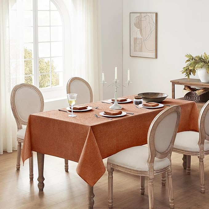 Softalker Fall Linen Textured Rectangle Tablecloth, Thanksgiving Waterproof Farmhouse Burlap Table Cloth, Stain Resistant Table Covers for Kitchen Dining Holiday Party (52 x 70, Burnt Orange)