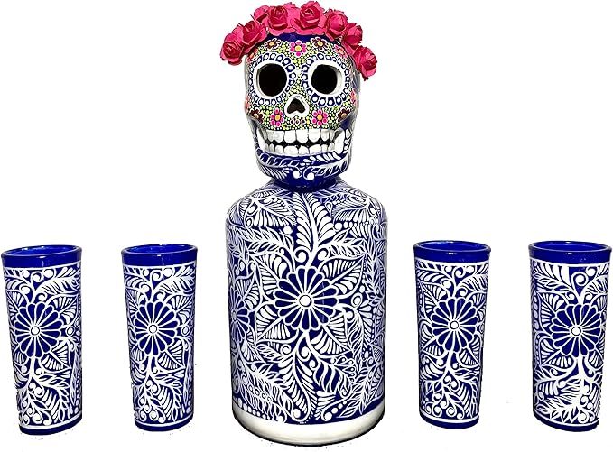Tequila Decanter Set, Liquor Decanter with Shot Glasses and Mexican Sombrero, Hand-painted Decanter, Skull Decanter, Bar Decoration, Unique Tequila Gift, Gift For Dad (Blue Catrina Set)