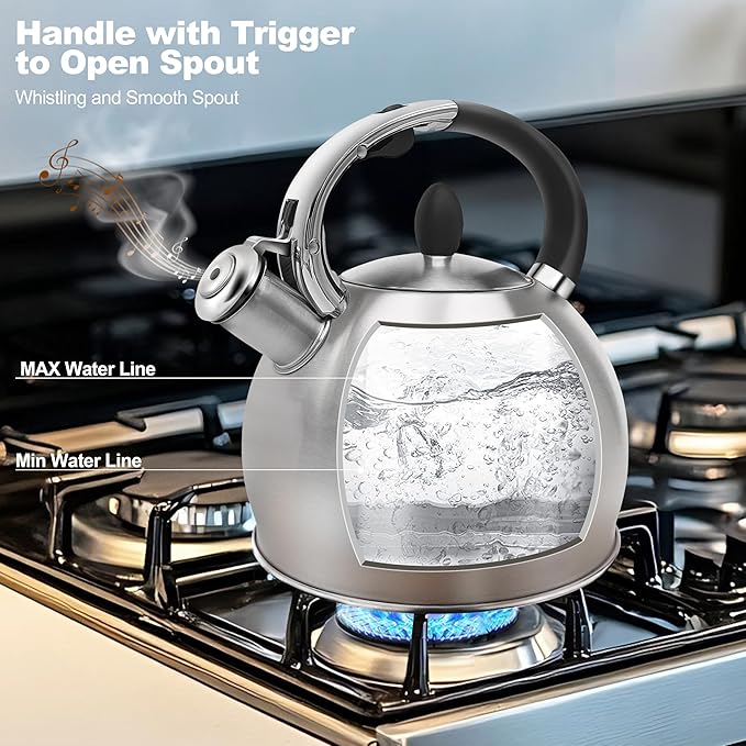 Stainless Steel Tea Kettle, Tea Kettles Stovetop, Vintage Whistling Teapot for Stove, Durable and Rust-Resistant, with a Pot Holder Included, Whistling Tea Kettle 2.64 Quart (Brushed)