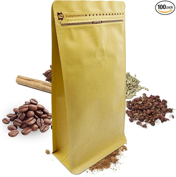 Premium Kraft Coffee Bags with One-Way Degassing Valve - 100 Pack, 16oz | Eco-Friendly & Strong Sealable Pouches for Optimal Freshness | Ideal for Coffee, Tea, Snacks & More