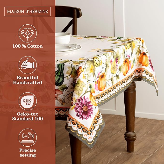 Maison d' Hermine Table Cloth Square Table 100% Cotton 60 x 60 Inches Fall Tablecloth Reusable Everyday Use for Thanksgiving Christmas Decorations Dining Farmhouse (Pumpkin Garden - Cloudy Cream)