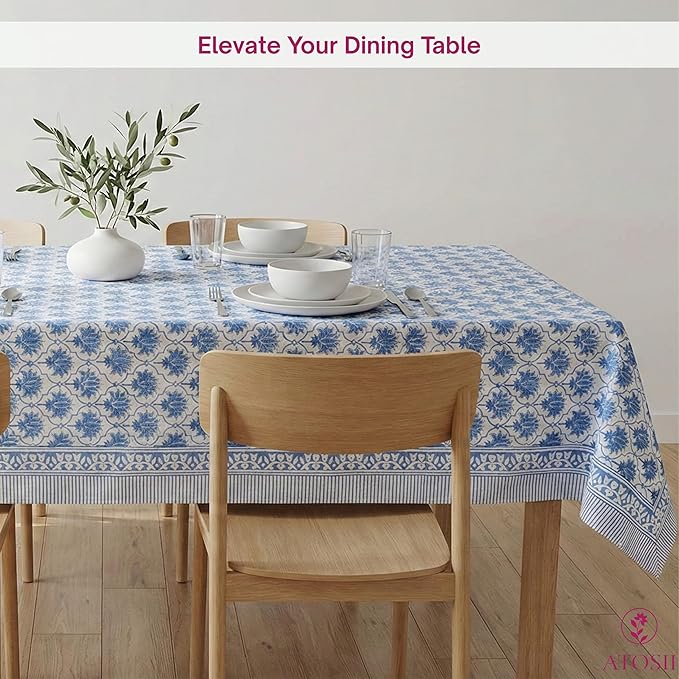 ATOSII Padma Blue 100% Cotton Rectangle Summer Tablecloth, Indian Block Print Floral Table Cloth I Dining Parties Weddings Outdoors Holidays 60 X 90 Inches, 6 Seater I Grandmillennial Farmhouse Boho