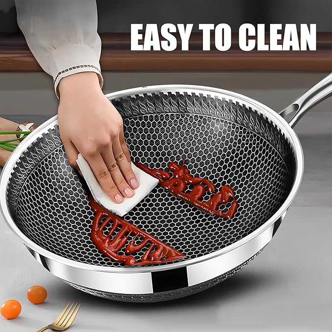 13.4” Stainless Steel Wok Pan with Lid – Honeycomb Non Stick Stir Fry Pan for Induction, Gas, Electric & Ceramic Cooktops – Tri-Ply Deep Frying Wok with Stay-Cool Handle, PFOA-Free