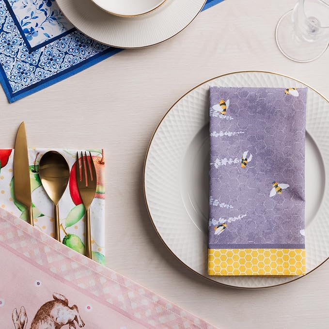 Maison d' Hermine Cloth Napkins Set of 4 100% Cotton Everyday Reusable Square Napkins Cloth Washable Dinner Wedding Restaurant Valentines Day Decorations Spring/Summer (Bees are Buzzing, 18" x 18")