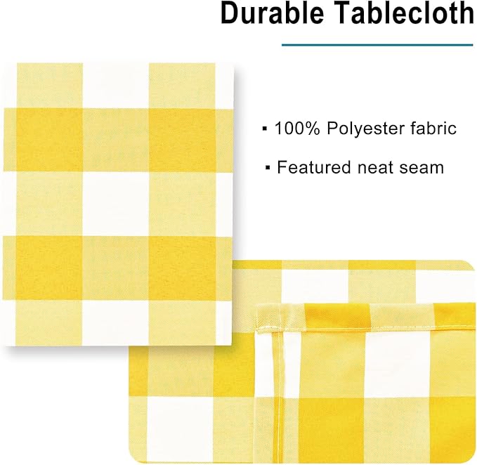Hiasan Checkered Tablecloth Square, 70 x 70 Inch - Waterproof & Wrinkle Resistant Spring Table Cloth for Picnic, Dinner and Party, Washable Polyester Fabric, Yellow and White Gingham Pattern