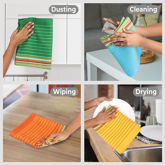 Urban Villa Kitchen Towels 100% Cotton Dish Towels for Kitchen(Set of 8)20”x30” Dish Cloths Highly Absorbent Kitchen Linen Set with Hanging Loop Perfect for Drying Dishes Cleaning Towels -Multi Color