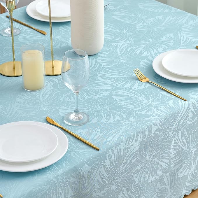 Rectangle Tablecloths Jacquard Table Cloth Leaves Pattern Silky Soft Waterproof Washable Light Blue Oblong Table Cover for Kitchen Dining Birthday Party Banquet Decor (60x84 Inch)