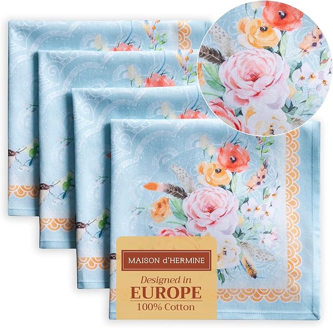 Maison d' Hermine Cloth Napkins Set of 4 100% Cotton Everyday Reusable Square Napkins Cloth Washable Dinner Party Wedding Restaurant Valentines Day Decorations Spring/Summer (Ibiza - Blue, 20" x 20")