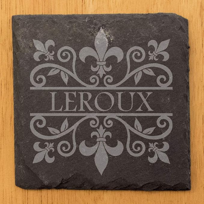 A Touch of Class: Personalized Fleur de Lis Coasters with Monogram - Square Slate - Set of 6