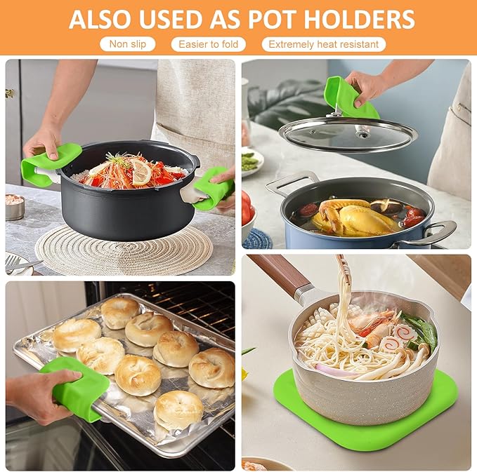 Silicone Trivets for Hot Pots and Pans, Pot Holders Hot Pads 6 Pack Silicone Mats for Kitchen Counter, Soft Durable Drying Mat, Jar Opener and Coasters (Green)