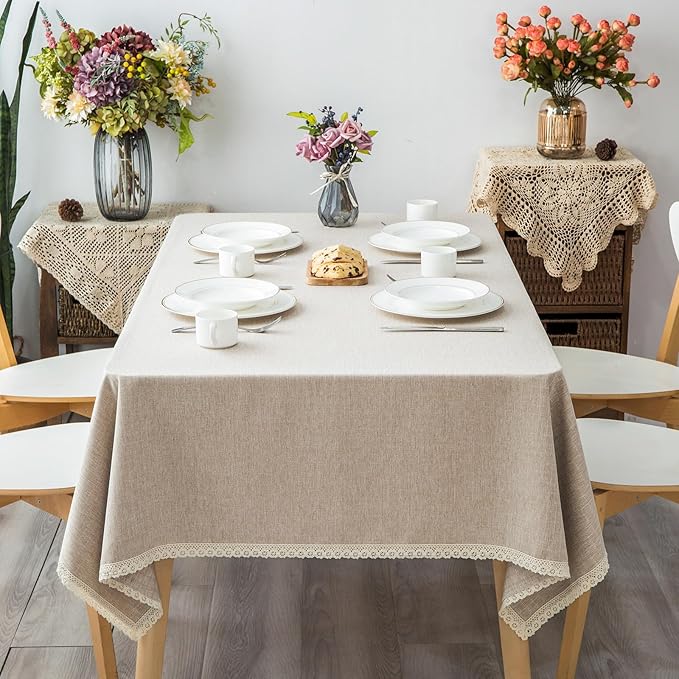 Lace Trim Tablecloth Linen-Look Textured Rustic Style Machine Washable Solid Heavy Weight Rectangle/Oblong Table Cloth Cover for Kitchen Dinning Tabletop Decoration 55x102 in Beige