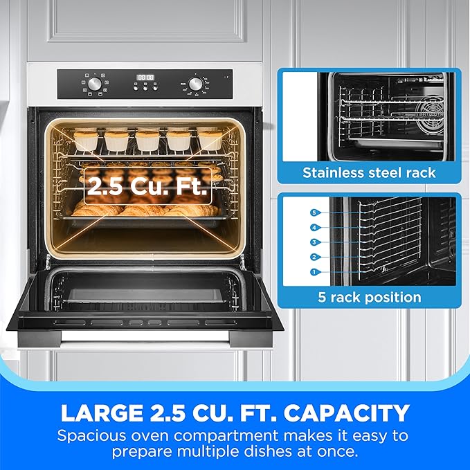 Midea 24" Electronic Single Wall Oven, 2.5 Cu. Ft.-Capacity, Built-in Oven with 8-in-1 Cooking Modes, Stainless Steel