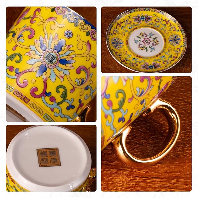KAMMAK Tea Cups and Saucers Set of 2, Porcelain Coffee Cups with Saucer for Espresso, Cappuccino, 7oz Vintage Yellow and Blue Ceramic Novelty Mug for Home, Tea Party, Office