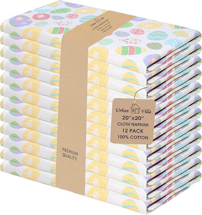 Urban Villa Easter Cloth Napkins Easter Eggs Print 100% Cotton Dinner Napkins Set of 12 (20x20 Inches) Highly Absorbent Soft Durable Washable Reuasble Ideal for Everyday Use Wedding Parties