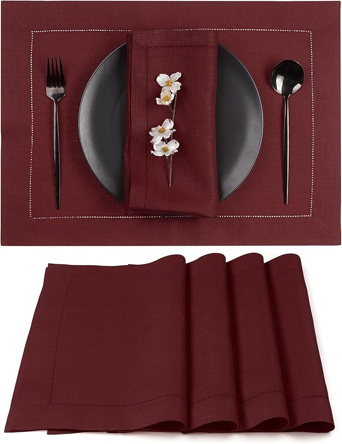 D'Moksha Homes Linen Placemats Set of 4 - Classic Hemstitch Dark Red Placemats 14 x 19 Inch - 100% Pure Linen Table Mats for Valentines, Spring - Handcrafted and Machine Washable