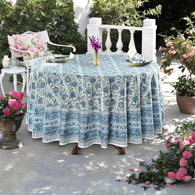Ridhi Block Print Round Asparagus Green Reusable Tablecloth 100% Cotton 90" Inch Decorative Table Cover eveyday Dining, Home, Party, Wedding, Farmhouse Gift for Spring, Easter, Valentine